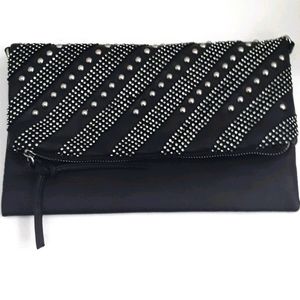 BLACK HAND CLUTCH WITH SILVER STUDS AND CRYSTALS